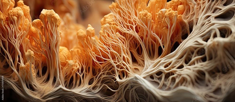 Poster this close-up view showcases a cluster of mushrooms growing closely together, displaying different s