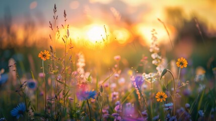 Fototapeta na wymiar Field of Wildflowers at Sunset