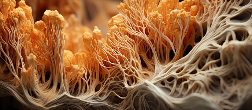 This close-up view showcases a cluster of mushrooms growing closely together, displaying different shapes, sizes, and colors. The detailed textures and patterns of the fungi are visible, highlighting