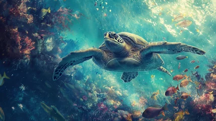 Fotobehang A mesmerizing shot of a sea turtle gliding through the water, surrounded by colorful schools of fish. © Exotic Graphics