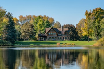 Fototapeta na wymiar Spacious House on Green Field by Lake