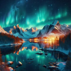 The majestic swirls of the Northern Lights dance across the sky, reflecting off the tranquil lake as the mountains rise in silence and awe.