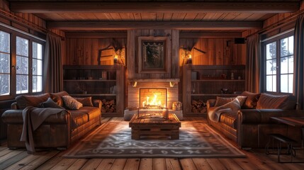 Obraz na płótnie Canvas Cozy Living Room With Fireplace and Furniture