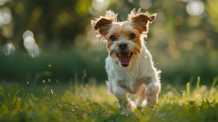 Small Brown and White Dog Running in Grass