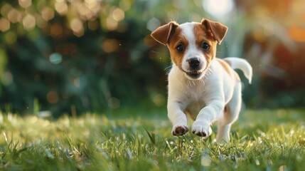 Small Brown and White Dog Running in the Grass