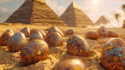 An Easter celebration in an ancient Egyptian setting, where eggs are decorated with hieroglyphs and placed in the sand. Pyramids and sphinxes watch over the festival under clear desert skies. - obrazy, fototapety, plakaty