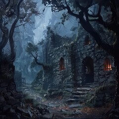 Dark Forest Stone Building Stairs