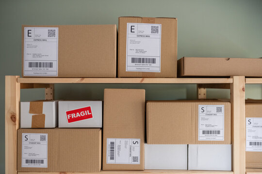 Carton packages with labels on shelves