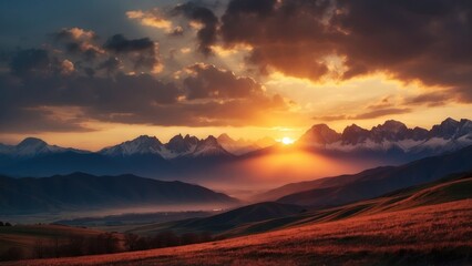 Capture the breathtaking moment as the sun sets behind the distant mountains, colors of the sky and the sense of peace