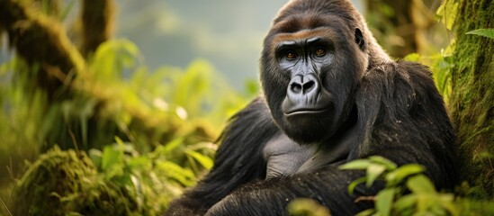 A gorilla is seen sitting in the heart of a dense, green forest, holding its foot in a peaceful moment of introspection.