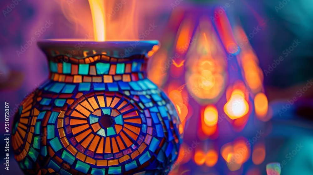Poster a vibrant colorful mosaic pattern adorning the sides of a ceramic oil diffuser adding a pop of color