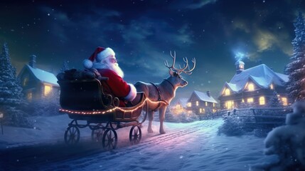 Santa Claus rides in a reindeer sleigh in a winter forest. Christmas holidays. - obrazy, fototapety, plakaty