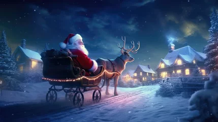 Fotobehang Santa Claus rides in a reindeer sleigh in a winter forest. Christmas holidays. © JuliaDorian