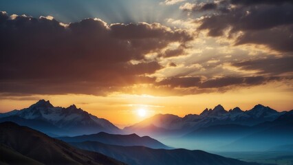 Obraz premium Capture the breathtaking moment as the sun sets behind the distant mountains, colors of the sky and the sense of peace