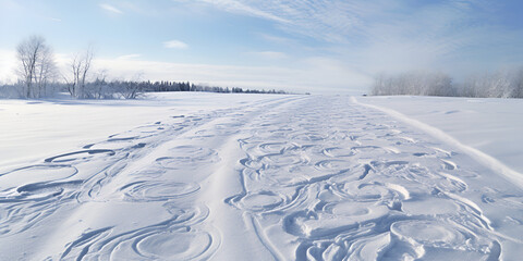 snow covered road, Car tracks in the snow go into the distance wheel tracks on a snow roadxa, Winter landscape.trace of a snowmobile on frozen lake, Generative AI

