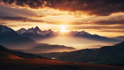 Fototapeta premium Capture the breathtaking moment as the sun sets behind the distant mountains, colors of the sky and the sense of peace