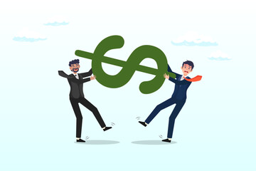 Greedy businessmen company owner or worker pulling tug of war money dollar sign with full effort, fight for money, tug of war, business competition fight for market share or work conflict (Vector) - obrazy, fototapety, plakaty