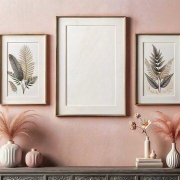 Three framed pictures add a pop of color to this pastel backdrop. 