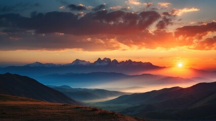 Obraz premium Capture the breathtaking moment as the sun sets behind the distant mountains, colors of the sky and the sense of peace
