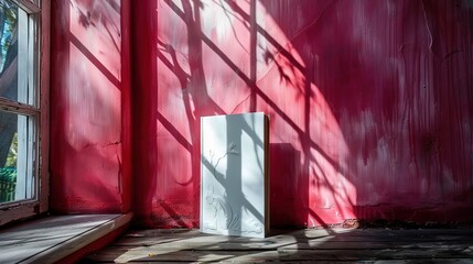 Sunlight casts tree shadows on a white, sculpted art piece against a vibrant pink wall.