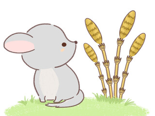 ツクシをみつめるチンチラのイラスト