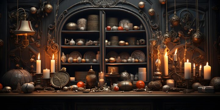 Vintage interior with candlestick, candles and books. Halloween concept