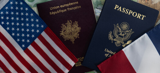 Flags of United States and France passports on currency 