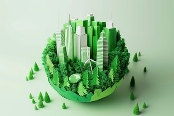 Eco city and green planet concept. Paper art style. Vector illustration. Generative AI..