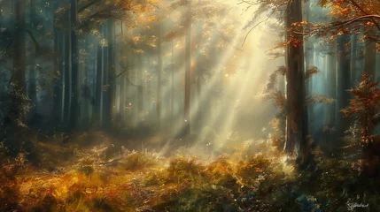 Foto op Plexiglas A misty morning in the autumn forest, with sunbeams breaking through the dense foliage, creating a mystical and enchanting scene. © Exotic Graphics