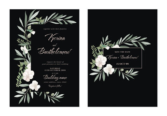 Wedding invitation template, elegant pansy flowers and olive branch on dark grey background - 751075667