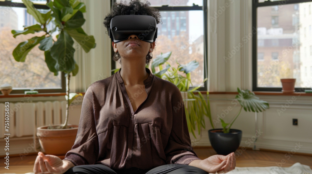 Poster a person using a vr headset to participate in a guided meditation exercise part of a virtual reality