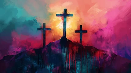 Foto op Canvas dry brush three crosses in abstract and colorful treatment, on a mountaintop with the center cross being larger that the other two © Xabi