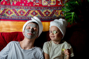 Mom and child make a face mask at home. Home Wellness and spa