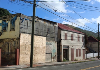 Two abandoned two-story buildings in Charlotte Amalie, St. Thomas, US Virgin Islands