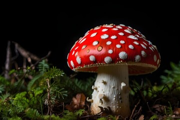 Fly Agaric mushroom (Amanita muscaria), showing its characteristic red cap with white spots, close up, black background 4K wallpaper Generative AI
