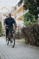 Mature man enjoying a leisurely bike ride along a paved pathway in a city environment, embodying active lifestyle and healthy aging.