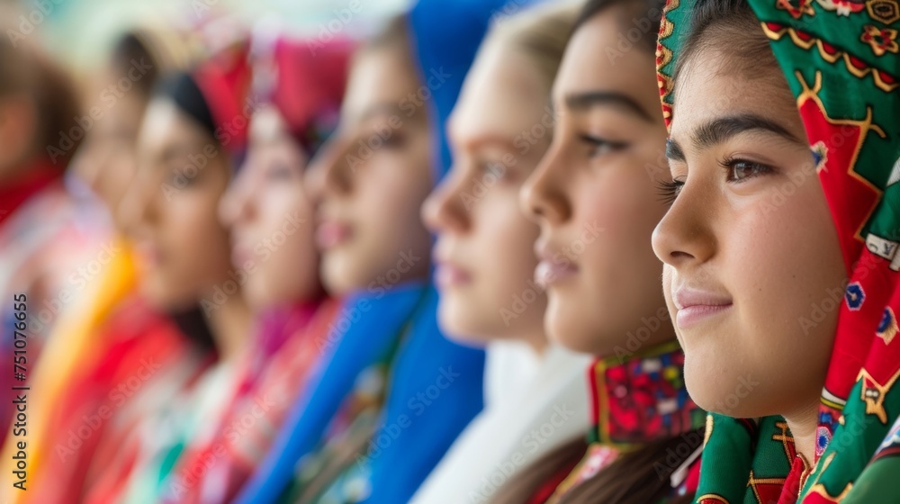 Aufkleber a closeup of a group of students wearing traditional outfits from various countries representing the