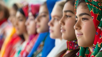 A closeup of a group of students wearing traditional outfits from various countries representing the different languages they have learned and mastered.