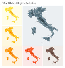 Italy map collection. Country shape with colored regions. Blue Grey, Yellow, Amber, Orange, Deep Orange, Brown color palettes. Border of Italy with provinces for your infographic. Vector illustration.