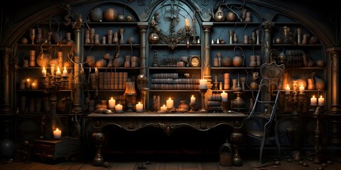 Vintage pharmacy. Dark room with old candlestick and candles