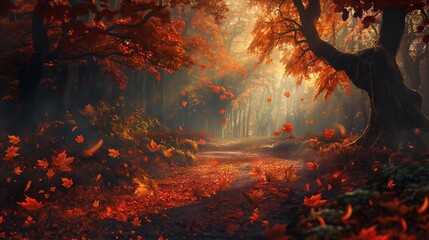 A pathway covered in a carpet of leaves, leading through a dense forest with trees in their autumn glory, creating a magical autumn journey.