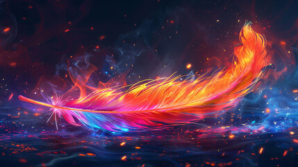 Phoenix Feather aflame with renewals promise rising from ashes in vibrant spectacle - obrazy, fototapety, plakaty