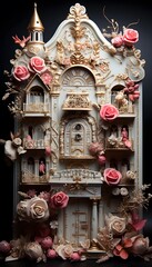 A close up shot of an ornate door with a lot of flowers