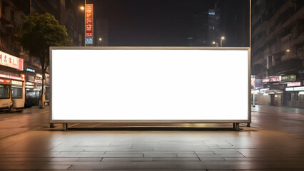 Blank rectangular horizontal white billboard advertising in front view. Blank signboard in city in night. Marketing banner ad space in city. Blank billboard for outdoor advertising placement. - obrazy, fototapety, plakaty