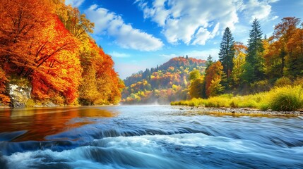 A peaceful river flowing through a valley, bordered by trees displaying the full spectrum of autumn colors, creating a serene landscape.