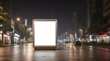 Blank square white billboard advertisement in front view. Empty signboard in the city at night. Marketing banner advertising space in city. Blank billboard for outdoor advertising placement.