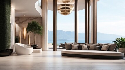 Describe the grand entrance of your modern villa, with sleek Italian design, a dramatic foyer, and an immediate view that takes your breath away - obrazy, fototapety, plakaty