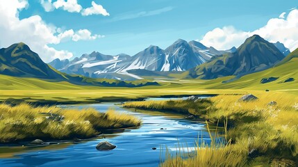 A peaceful river meandering through mountain valleys, under the vast canvas of a clear, blue sky.