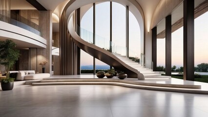 Describe the grand entrance of your modern villa, with sleek Italian design, a dramatic foyer, and an immediate view that takes your breath away