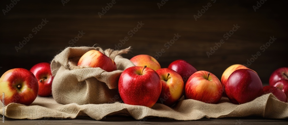 Poster a collection of vibrant red apples arranged neatly on top of a rustic wooden table, with a burlap sa